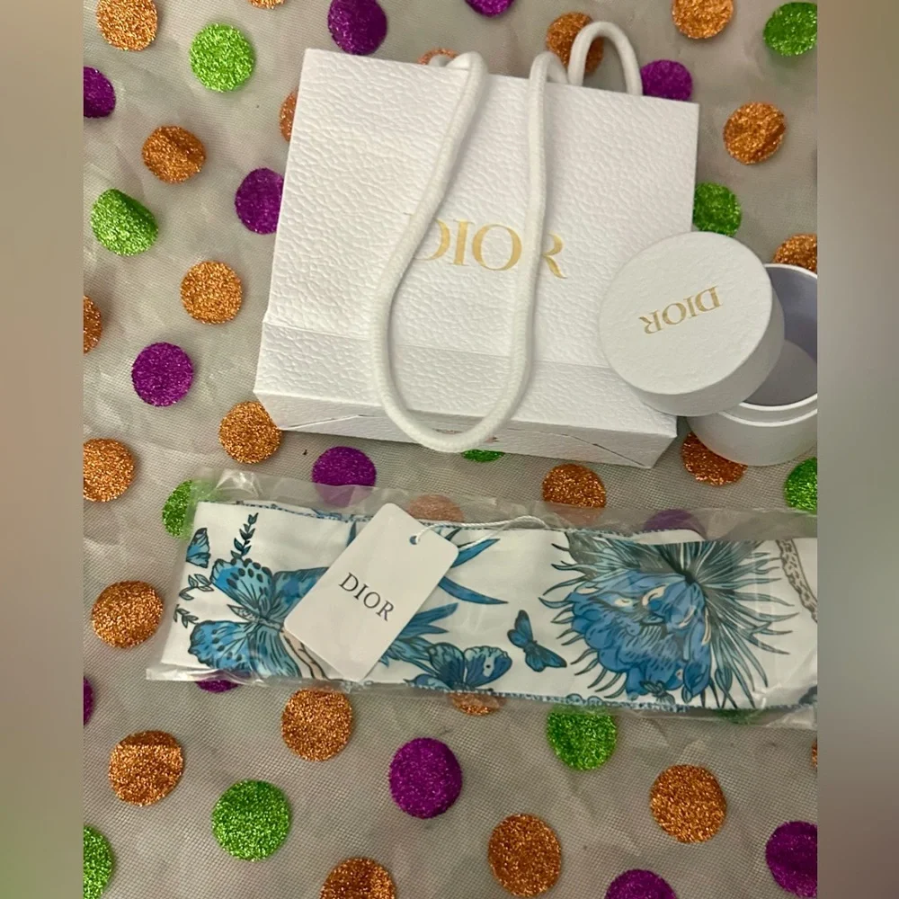 Christian Dior Blue Floral Butterfly Twilly Scarf with White Gift Box and Bag